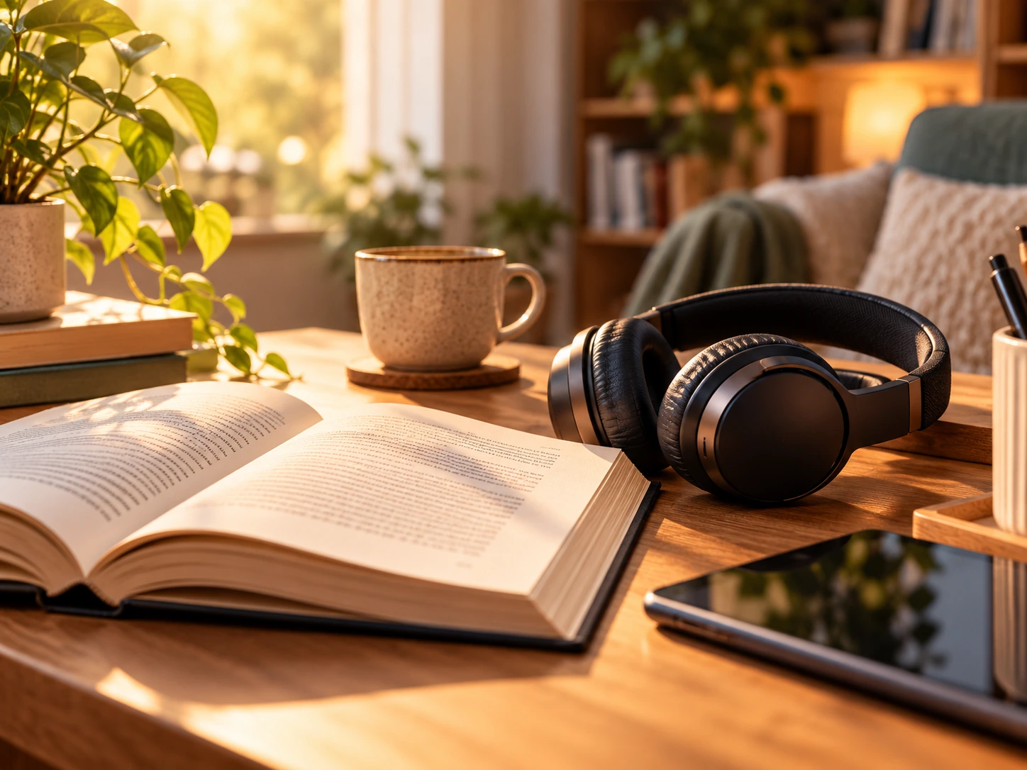 Livre ouvert, casque audio, tablette et tasse dans un coin lecture chaleureux