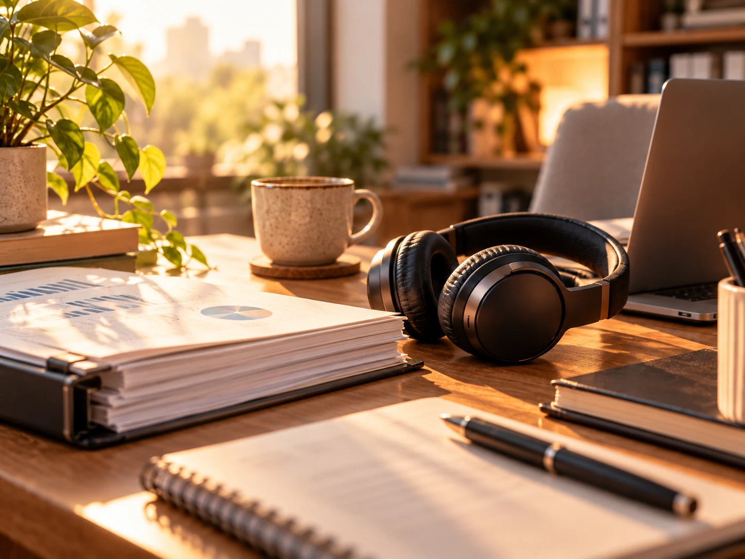 Dossiers professionnels, ordinateur portable et casque audio sur un bureau chaleureux