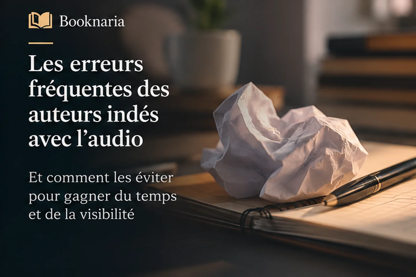 Manuscrit froissé et bureau de travail évoquant les corrections avant la publication d’un livre audio