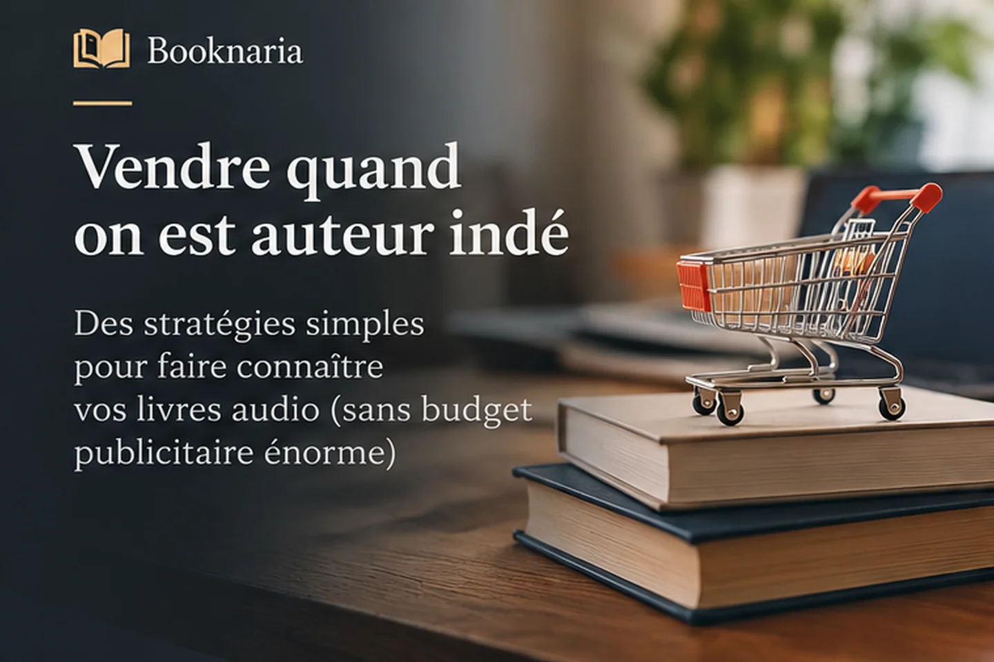 Petite mise en scène avec livres empilés et chariot miniature, évoquant la vente de livres indépendants