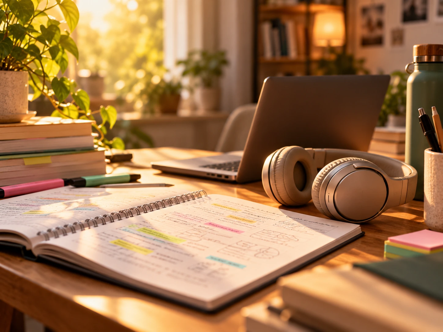 Notes de révision, casque audio et ordinateur portable sur un bureau d’étudiant