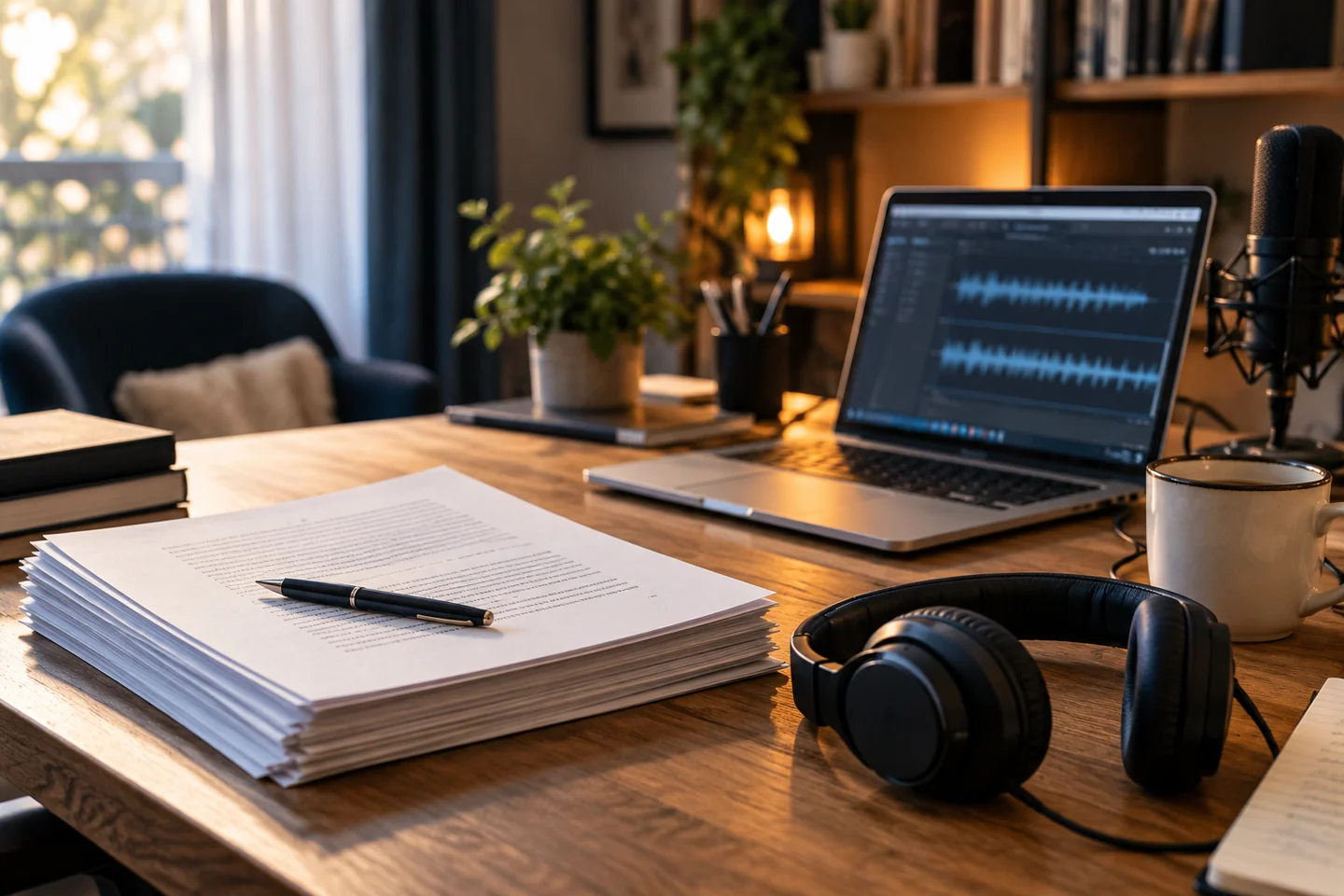 Manuscrit, casque audio et ordinateur affichant une forme d’onde sonore sur un bureau